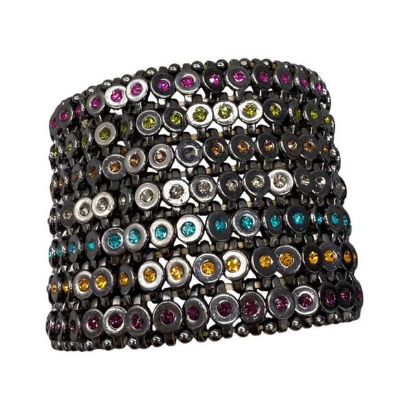 Roxanne Assoulin Multicolor Rhinestone Stretch Wide Bangle Bracelet Silver Tone - Picture 1 of 4